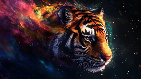 Cosmic tiger portrait rendered in luminous digital painting detail