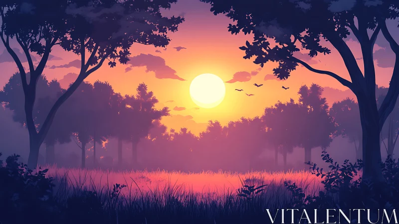 Radiant sunset glows through tranquil misty forest meadow.