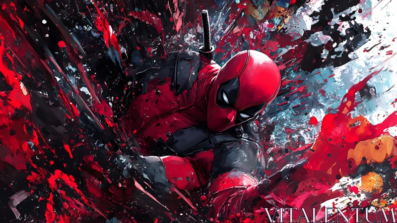 Kinetic splatter-field portrait of masked antihero in motion.