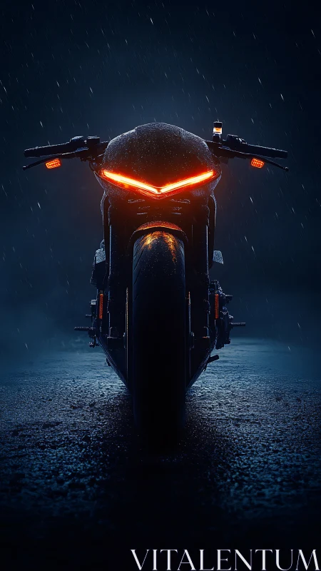 Aggressive sport motorcycle front view in cinematic rain lighting