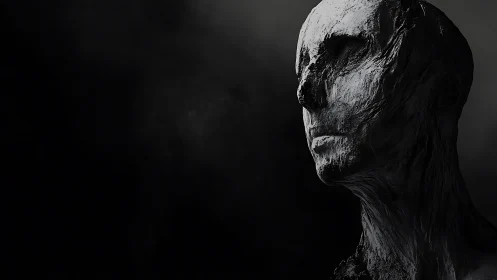 Eroded monochrome bust emerges from void in stark chiaroscuro