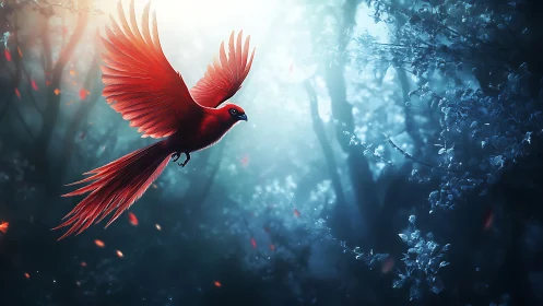 Majestic red bird in mystical forest, dramatic lighting, fantasy style.
