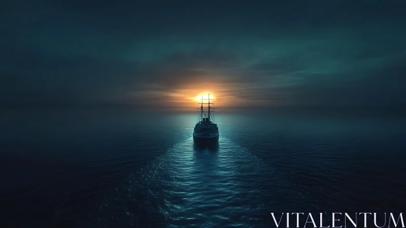 Digital seascape with silhouetted ship against horizon glow.