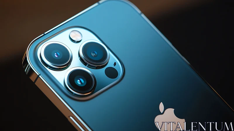 Photorealistic macro of blue smartphone triple-camera module.