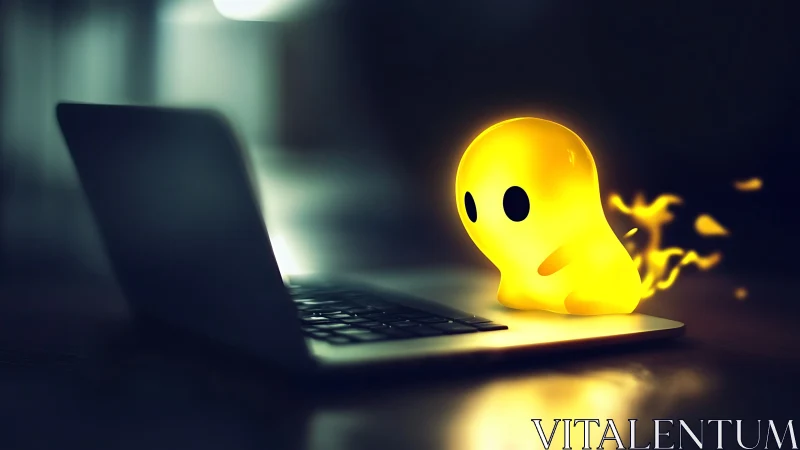 Glowing little desktop spirit exploring a quiet laptop.