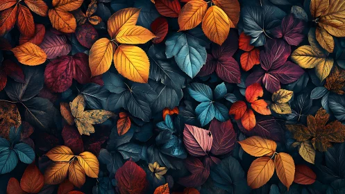 Autumn foliage mosaic with rich teal and crimson contrast.