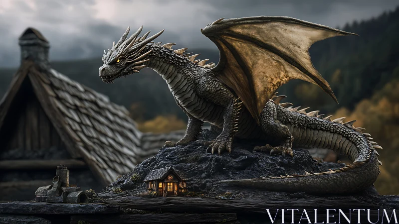 Twilight village guardian dragon perched above emberlit roofs.