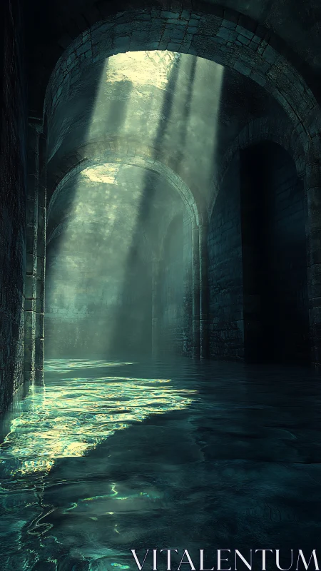 Sunlit flooded stone arches in a shadowed corridor.