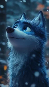 Blue-furred stylized husky in volumetric winter lighting.