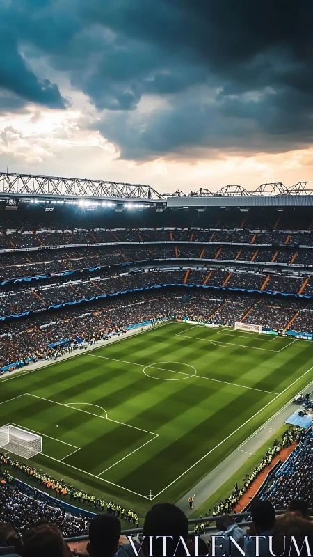 Stormlit stadium holds its breath above emerald geometry