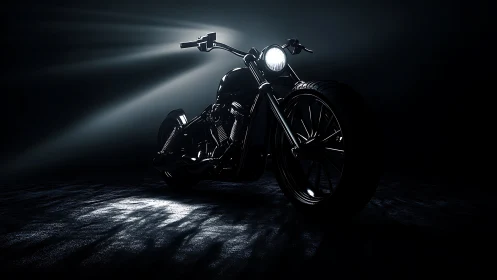 Low key photoreal render of custom chopper motorcycle chassis.