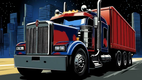 Midnight city highway welcomes a bold red and blue truck.