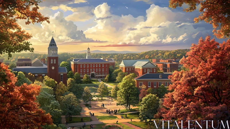 Rendered autumn campus scene shows red-brick academic quad