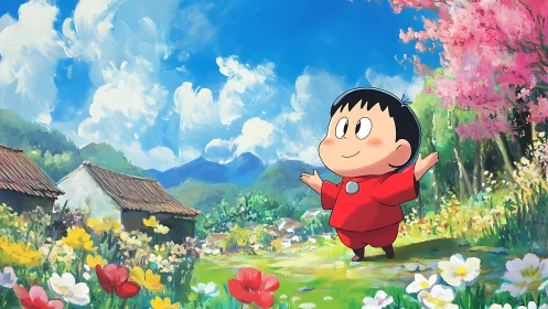 Joyful child strolling through vibrant springtime village.