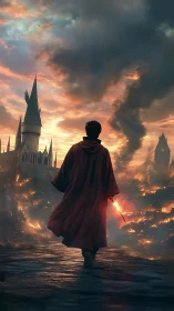 Robed figure with wand facing burning fantasy castle.