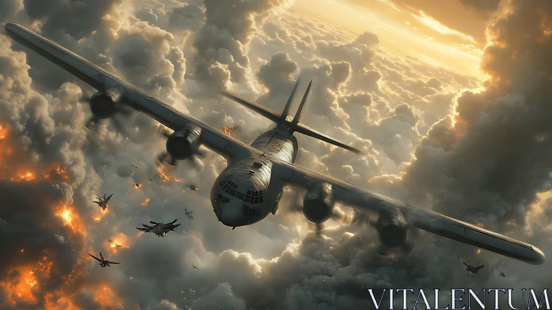 Strategic bomber penetrates turbulent cumulonimbus under combat fire