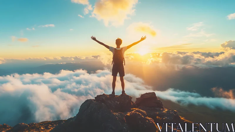 Silhouette of lone hiker standing on rocky summit at sunrise.
