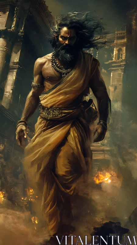 Storm-walking warrior sage strides through a burning temple