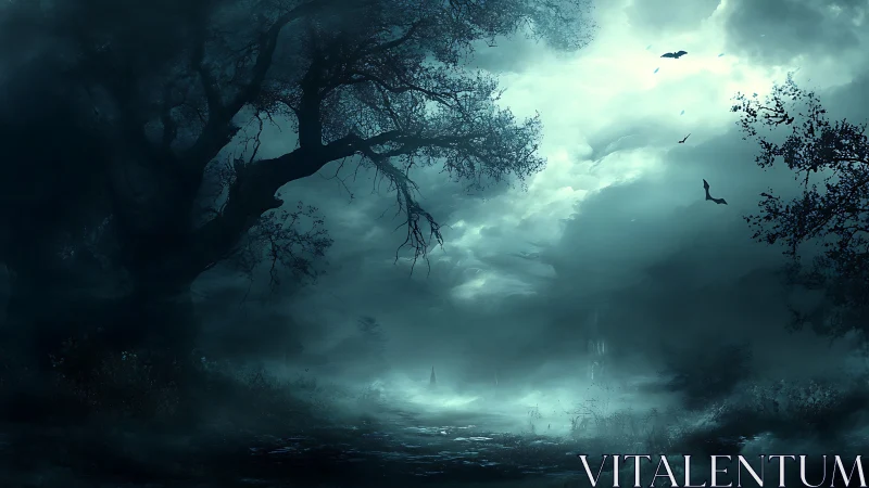 Moonlit haunted forest path under storm clouds at dusk.