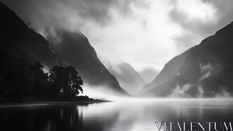 Monochrome mountain fjord with low cloud and calm water.
