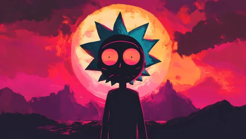 Stargazing silhouette under a neon cosmic sunset sky.