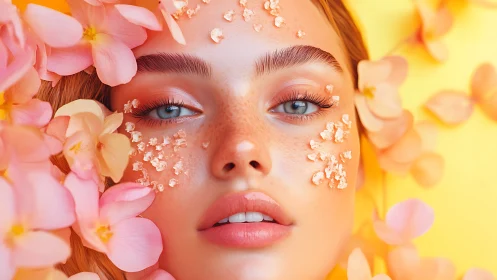 Floral beauty portrait with crystal skin accents on yellow.