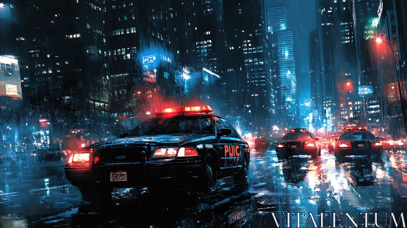 Police cruisers in rainy neon lit downtown street scene.