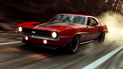 Vintage red muscle car slashes through dusk in fiery motion
