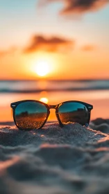 Sunset-kissed sunglasses dreaming in glowing beach sand.