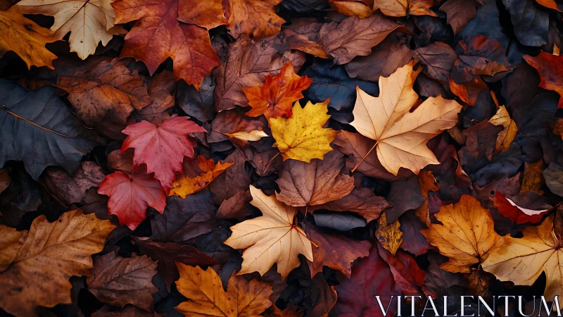 Colorful autumn maple leaves covering forest ground.