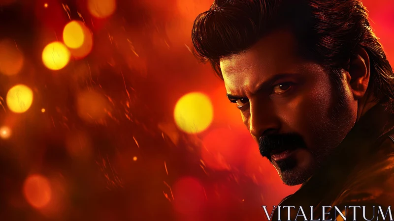 Cinematic close-up portrait in fiery bokeh lighting design.