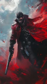 Gun-wielding figure in red coat amid abstract red cloudscape.