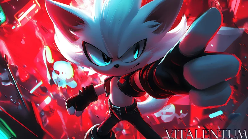 Anthropomorphic white fox hero in neon red action scene