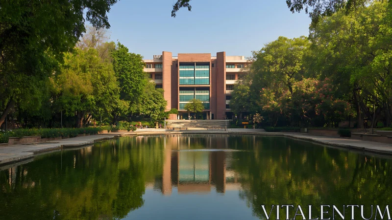 Peaceful campus building reflected in a quiet green pond.