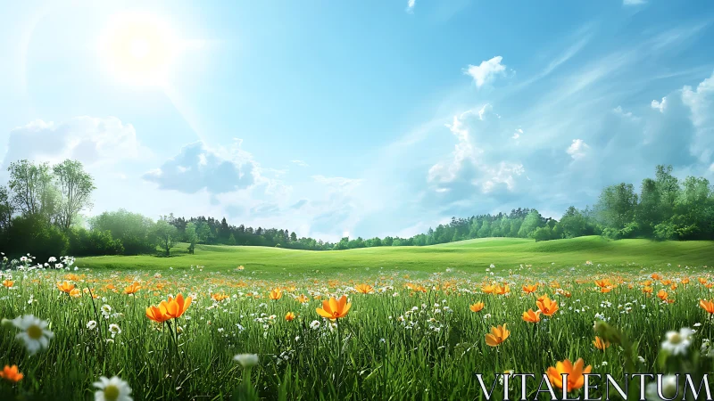 Sunny wildflower meadow under clear blue spring sky.