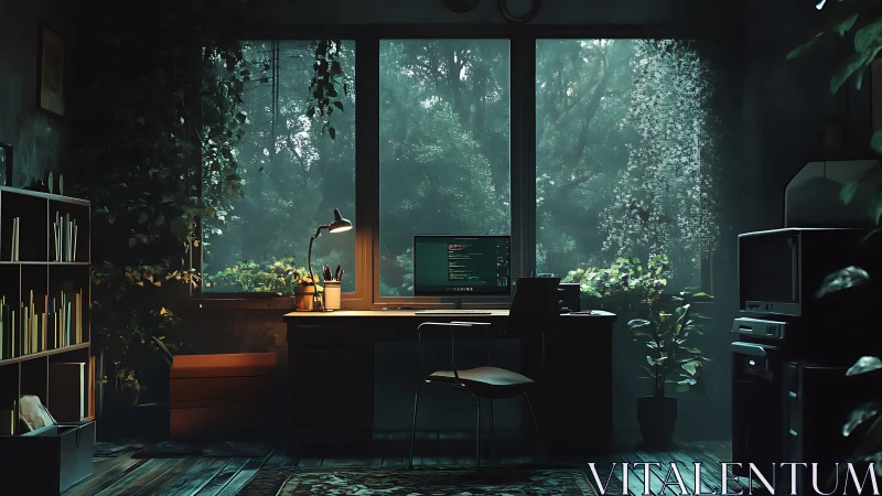 Moody home office with computer desk facing lush window view.