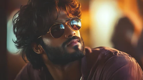 Portrait of man in sunglasses under warm indoor lighting.