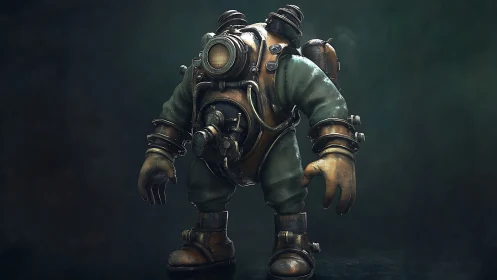 Sturdy deep sea diver strides forward in vintage metal suit