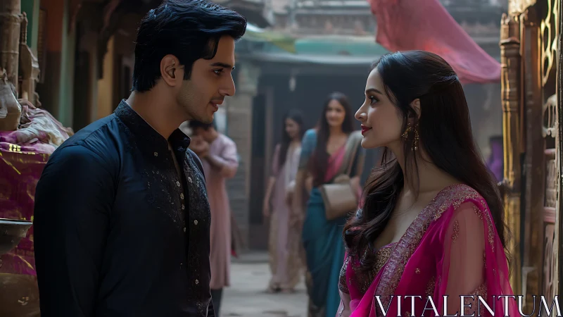 Colonial Romance: Cinematic Dialogue in Ornate Urban Setting.