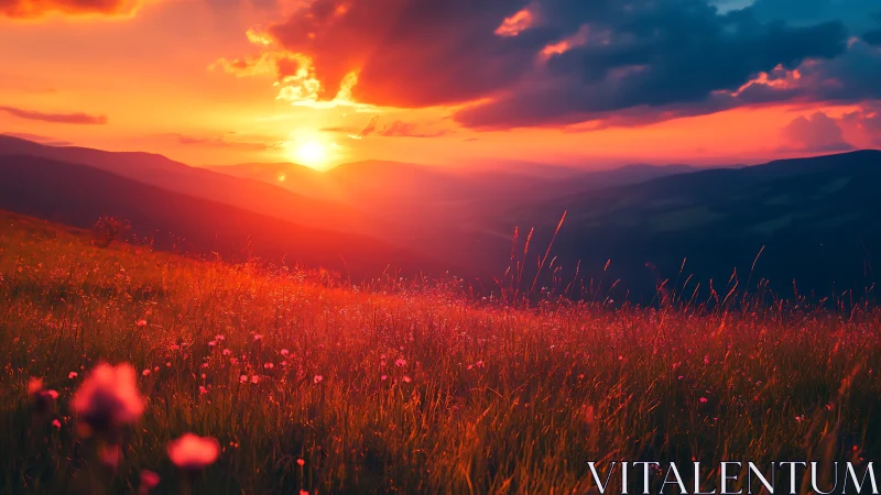 Digital painting sunset over wildflower alpine meadow panorama.