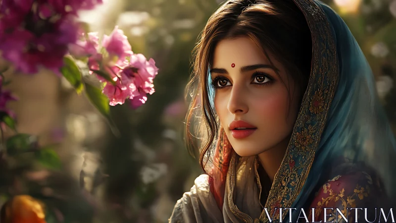 Portrait of a veiled woman in dappled floral bokeh light