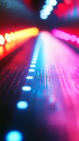 Vibrant neon LED strip glows along blurred reflective path