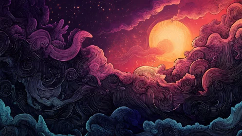 Swirling nebular cloudscape encircling radiant stylized sun disk