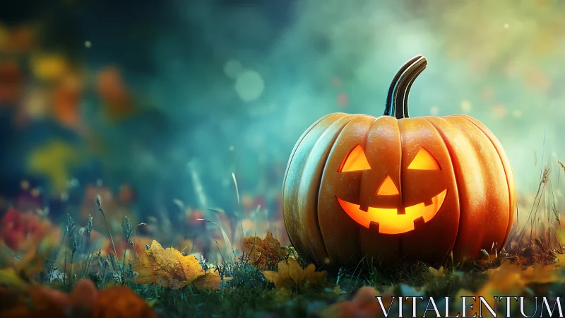 Glowing jack o’ lantern amid dreamy autumn meadow haze.