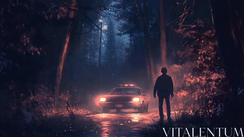 Police car and lone figure on wet forest road at night.