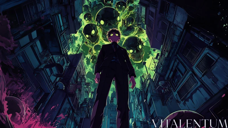 Neon-tinged urban alley frames suited figure and spectral swarm