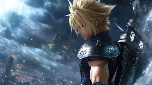 Heroic swordsman in wind-swept cyber skyscape with detailed armor