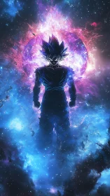 Cosmic warrior rising within a blazing nebula night sky.