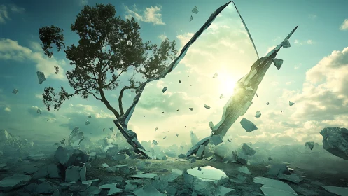 Shattered sky and resilient tree in a dreamlike sunrise.