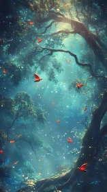 Enchanted forest glows as crimson butterflies drift skyward.